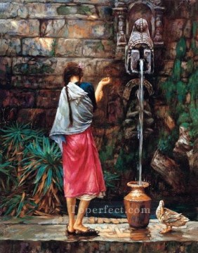 Women Painting - girl by fountain